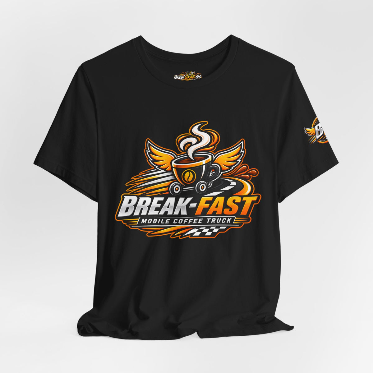 Coffee Truck T-Shirt — “Break-Fast” Mobile Coffee Logo with “More Than Coffee, It’s Your Morning in Motion” Back Design