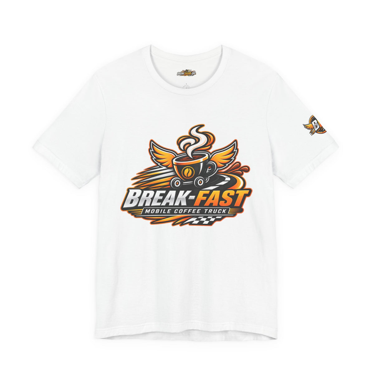 Coffee Truck T-Shirt — “Break-Fast” Mobile Coffee Logo with “More Than Coffee, It’s Your Morning in Motion” Back Design
