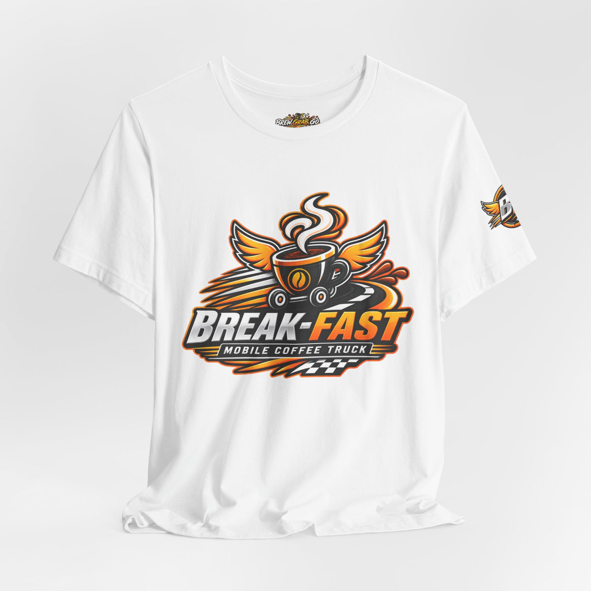 Coffee Truck T-Shirt — “Break-Fast” Mobile Coffee Logo with “More Than Coffee, It’s Your Morning in Motion” Back Design