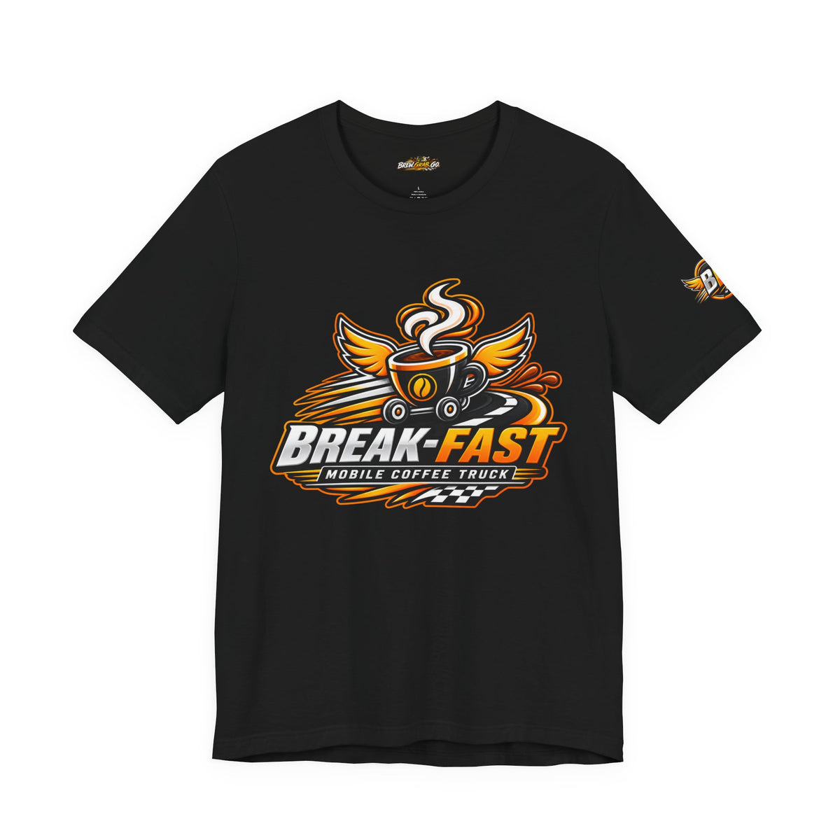 Coffee Truck T-Shirt — “Break-Fast” Mobile Coffee Logo with “More Than Coffee, It’s Your Morning in Motion” Back Design